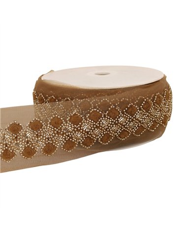 Bobine 9,6m galon brodé paillettes 75mm marron chocolat