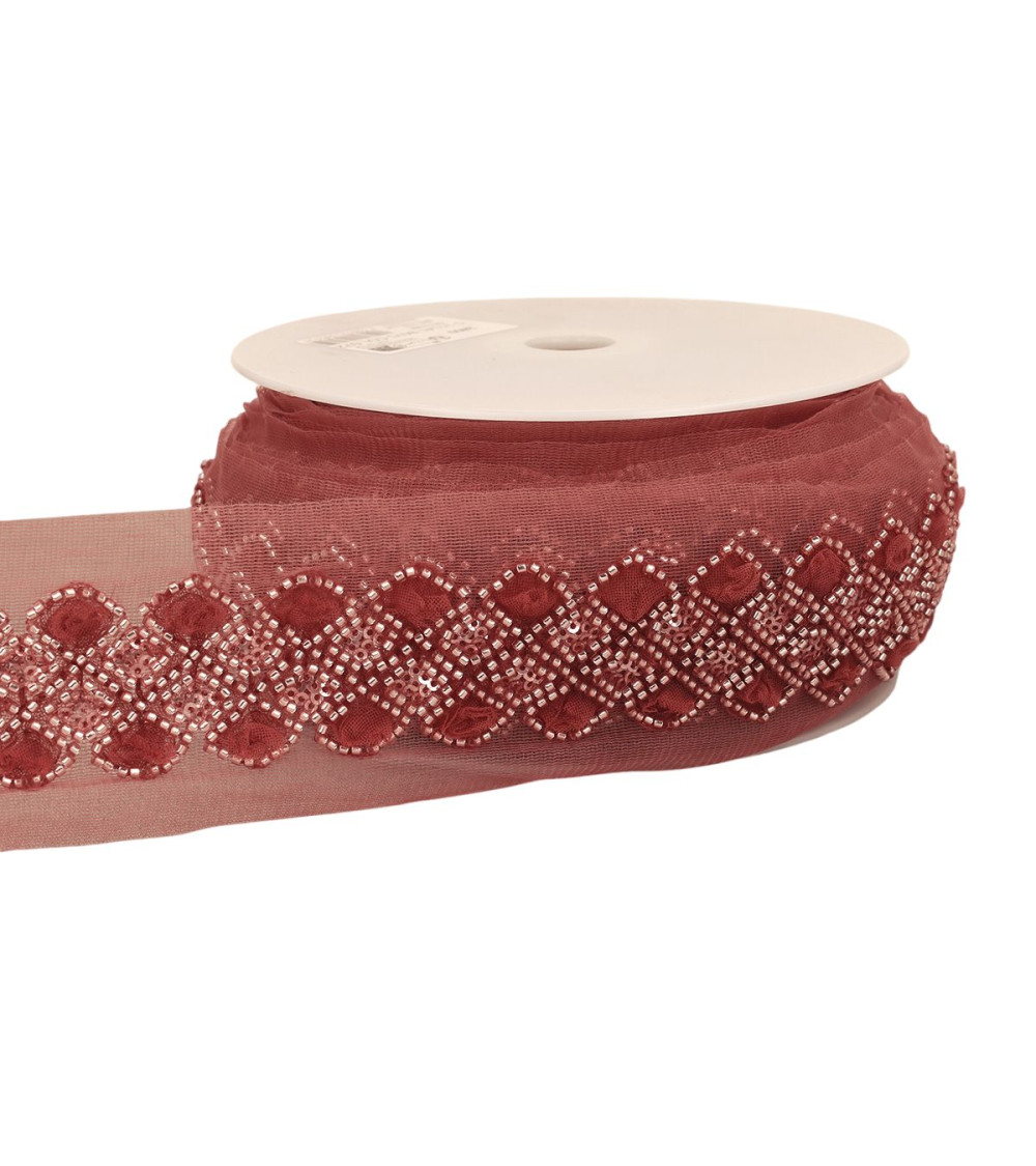 Bobina da 9,6 m di treccia di paillettes ricamata da 75 mm bordeaux