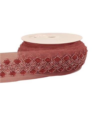 Bobine 9,6m galon brodé paillettes 75mm bordeaux