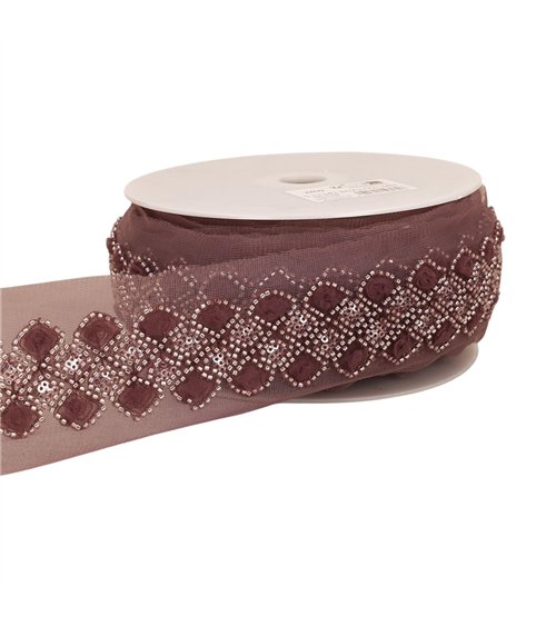 Bobine 9,6m galon brodé paillettes 75mm prune