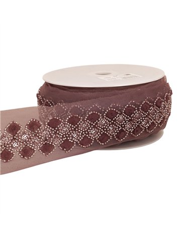 Bobine 9,6m galon brodé paillettes 75mm prune