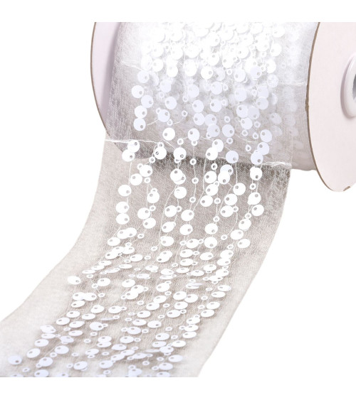 Bobina da 10 m di treccia ricamata con paillettes da 95 mm bianca