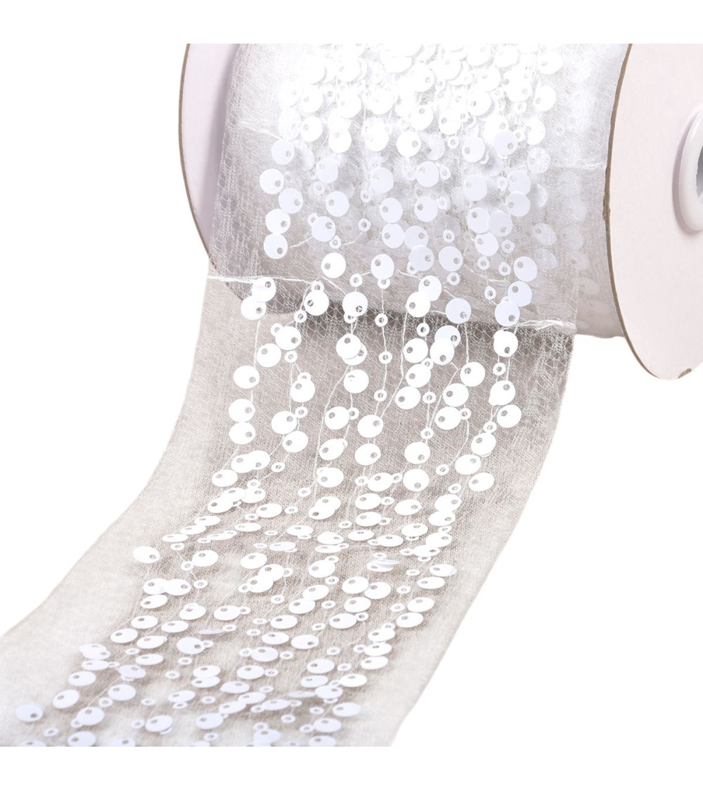 Bobina da 10 m di treccia ricamata con paillettes da 95 mm bianca