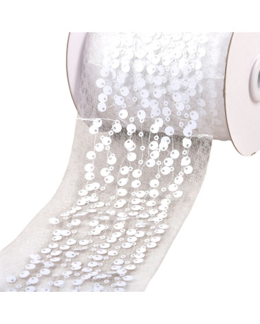 Bobina da 10 m di treccia ricamata con paillettes da 95 mm bianca