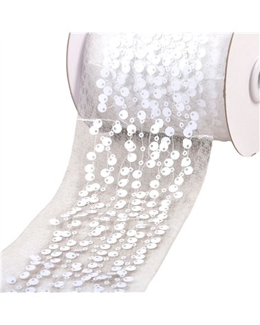 Bobine 10m galon brodé paillettes 95mm blanc