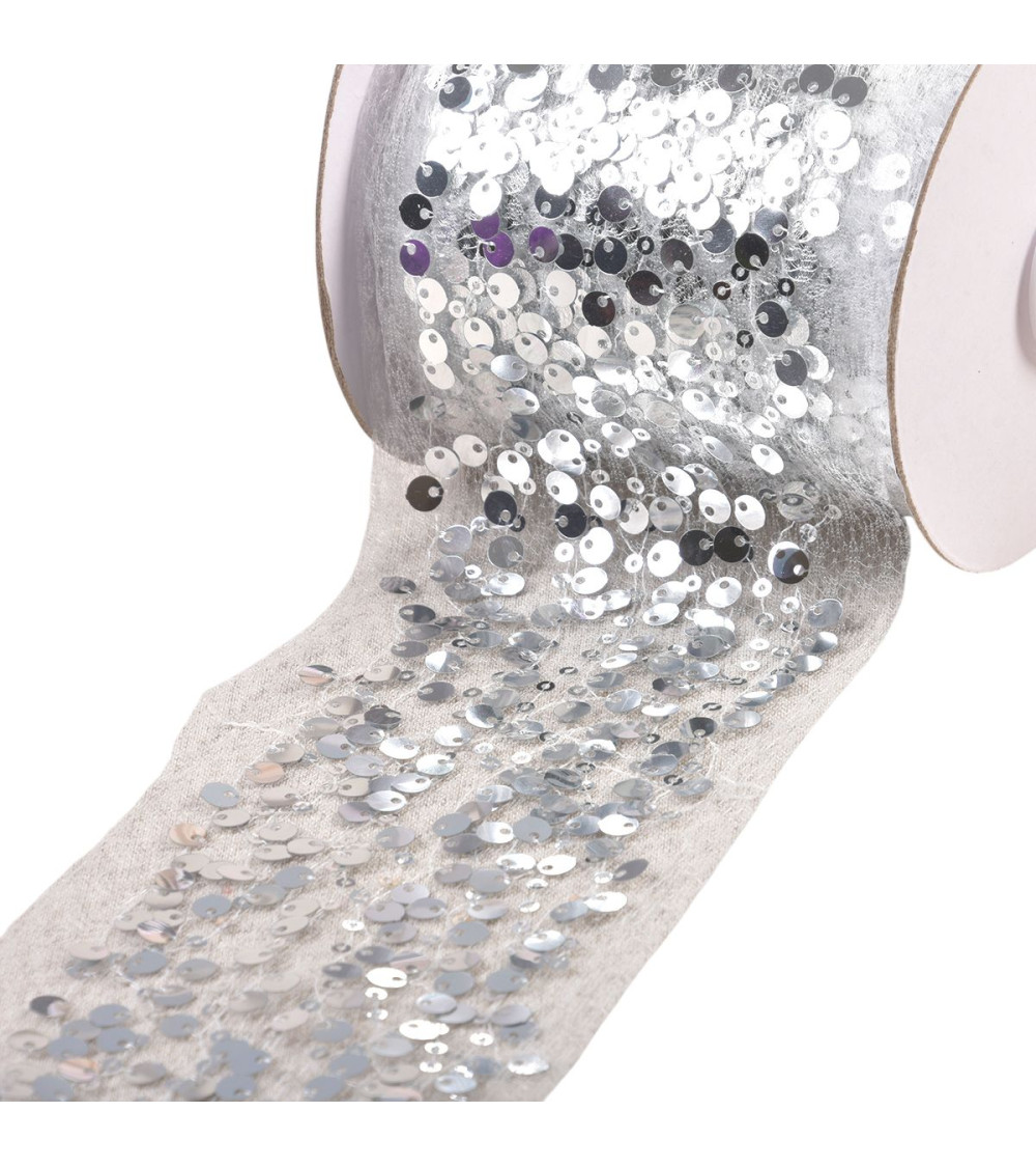 Bobina de 10m de trenza bordada con lentejuelas 95mm blanco/plata