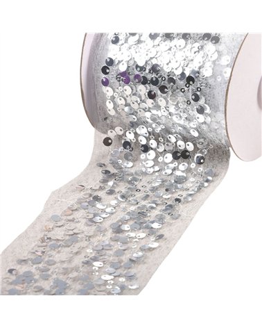 Bobine 10m galon brodé paillettes 95mm blanc/argent