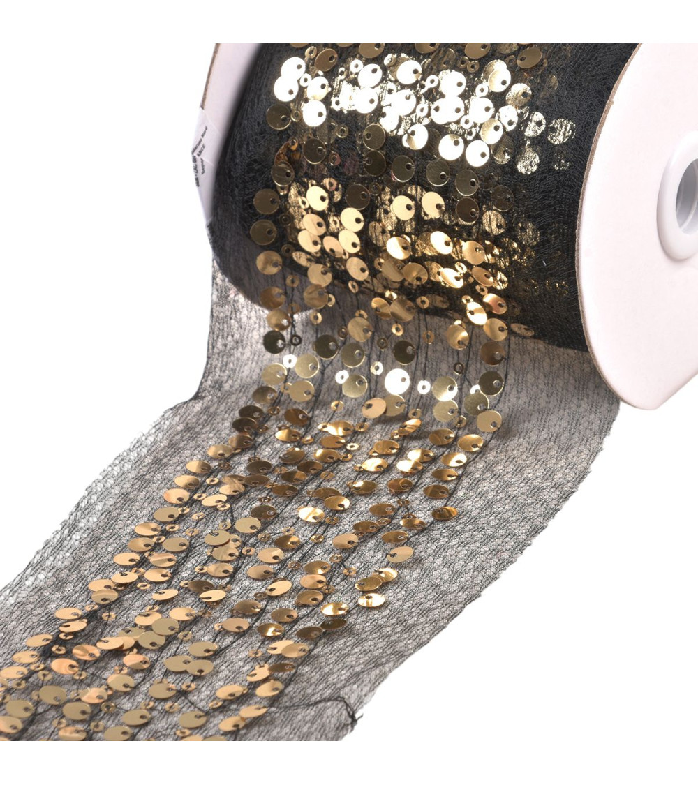 Bobina da 10 m di treccia ricamata con paillettes da 95 mm nero/oro