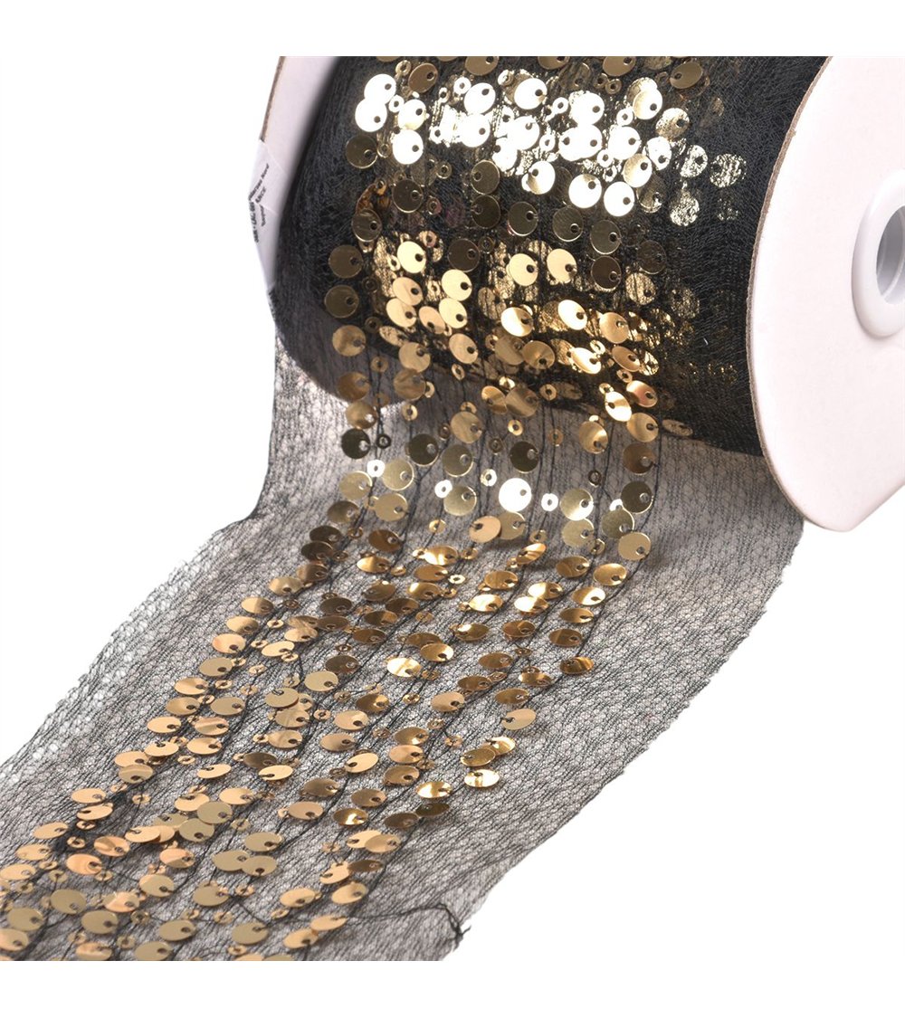 Bobine 10m galon brodé paillettes 95mm noir/or