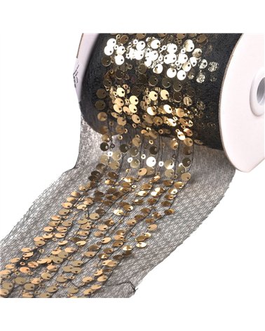 Bobine 10m galon brodé paillettes 95mm noir/or