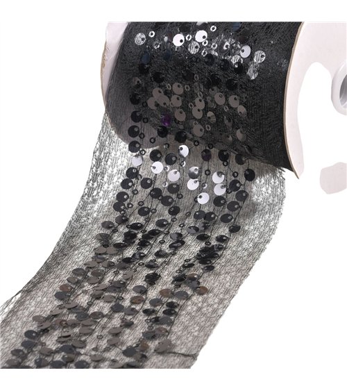 Bobine 10m galon brodé paillettes 95mm noir