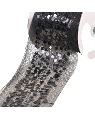 Bobina da 10 m di treccia ricamata con paillettes da 95 mm nera