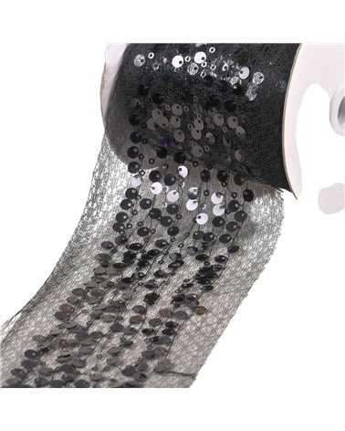 Bobine 10m galon brodé paillettes 95mm noir