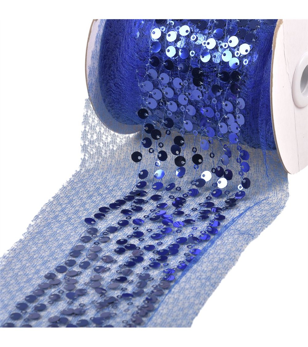Bobine 10m galon brodé paillettes 95mm bleu roi