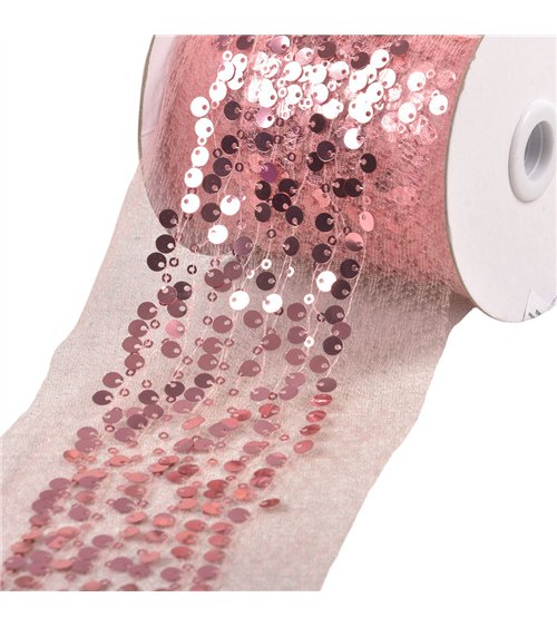 Bobine 10m galon brodé paillettes 95mm vieux rose