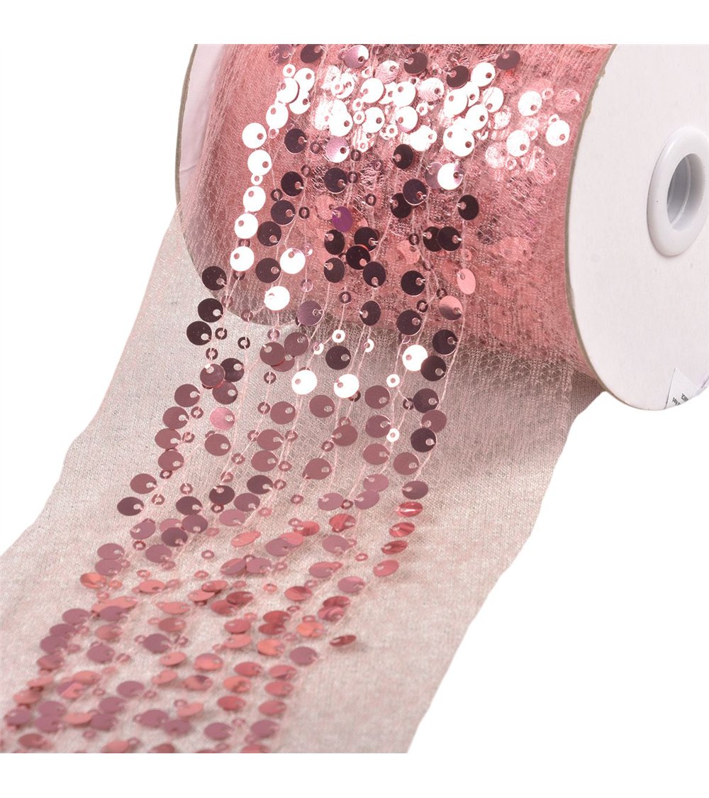 Bobine 10m galon brodé paillettes 95mm vieux rose