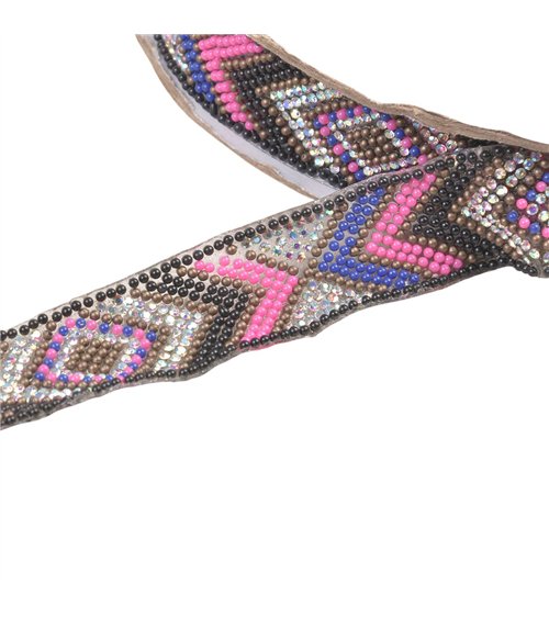 Bobine 10m galon perles ethnique thermocollant 25mm fuchsia