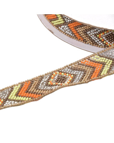 Bobina 10m trenza étnica cuentas termoadhesivas 25mm naranja