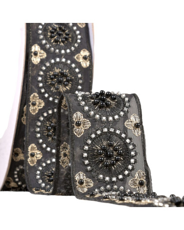 Bobina da 10 m di treccia ricamata con perline e paillettes da 50 mm nera