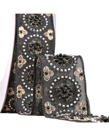 Bobine 10m galon brodé perles et paillettes 50mm noir