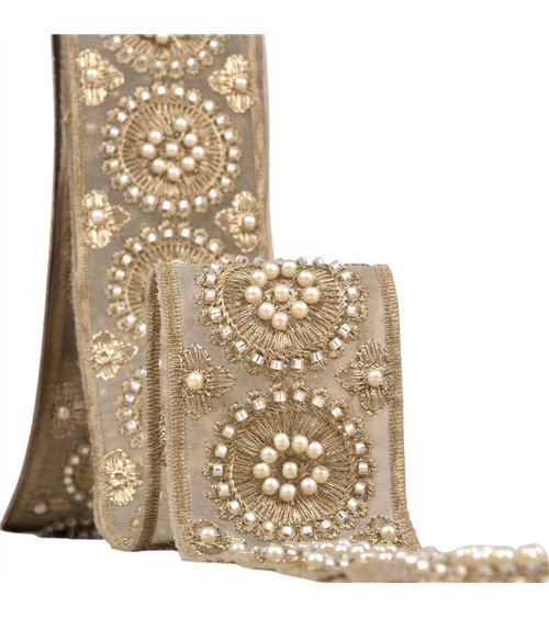 Bobine 10m galon brodé perles et paillettes 50mm marron chocolat