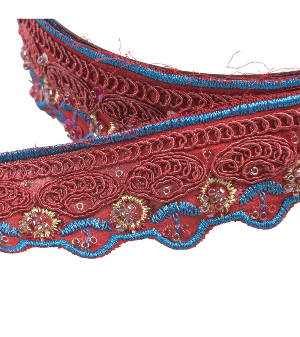 Bobina da 10 m di treccia ricamata etnica da 40 mm rossa