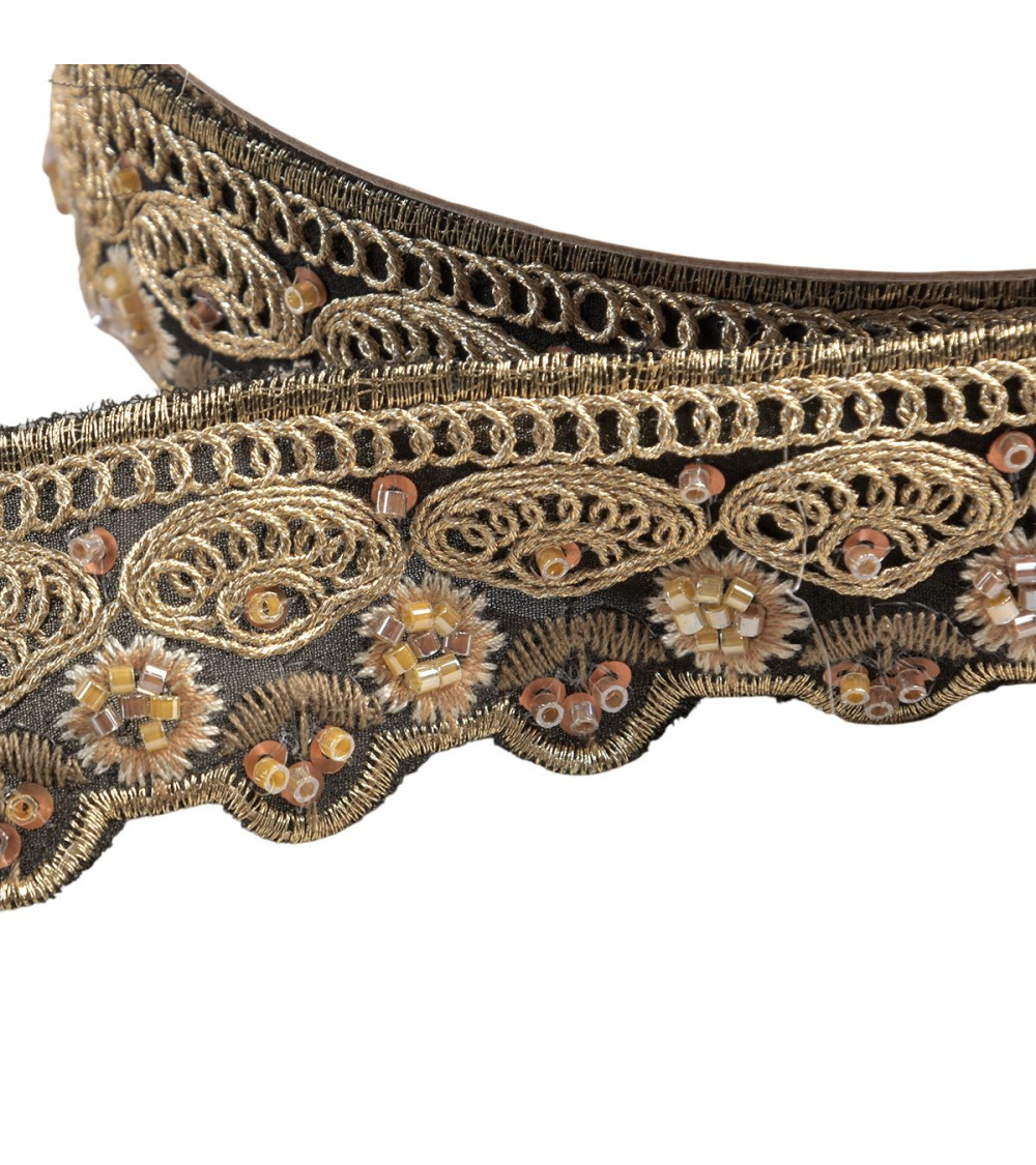 Bobina da 10 m di treccia ricamata etnica da 40 mm nero/oro