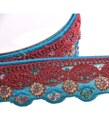 Bobina da 10 m di treccia ricamata etnica da 40 mm blu acciaio