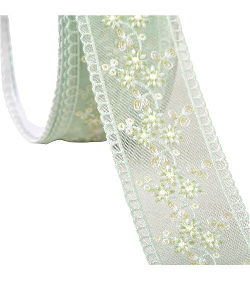 Bobine 13,7m galon brodé fleurs 45mm vert nil