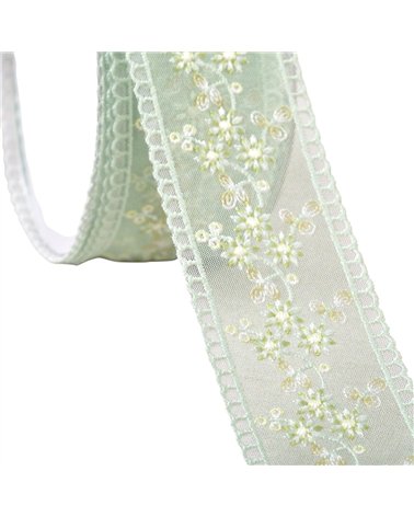 Bobine 13,7m galon brodé fleurs 45mm vert nil