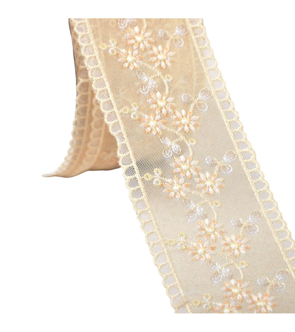 Bobina de 13,7m de trenza bordada de flores 45mm amarillo dorado