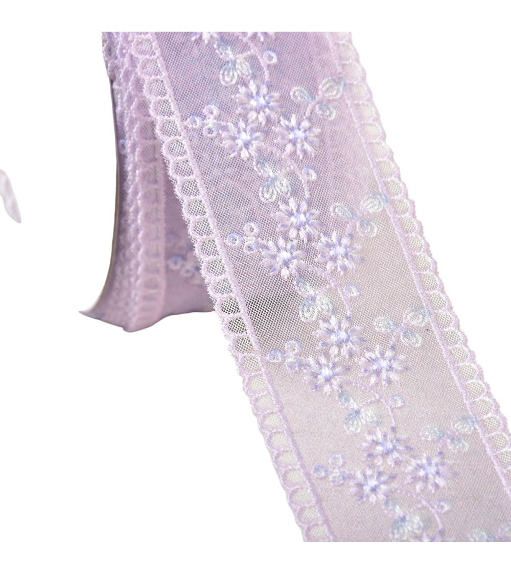 Bobina da 13,7 m di treccia ricamata a fiori da 45 mm viola