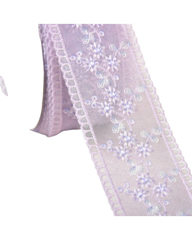 Bobina da 13,7 m di treccia ricamata a fiori da 45 mm viola
