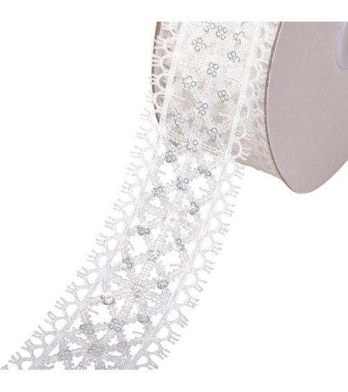 Bobina 13,7m de trenza bordada con lentejuelas 40mm blanco