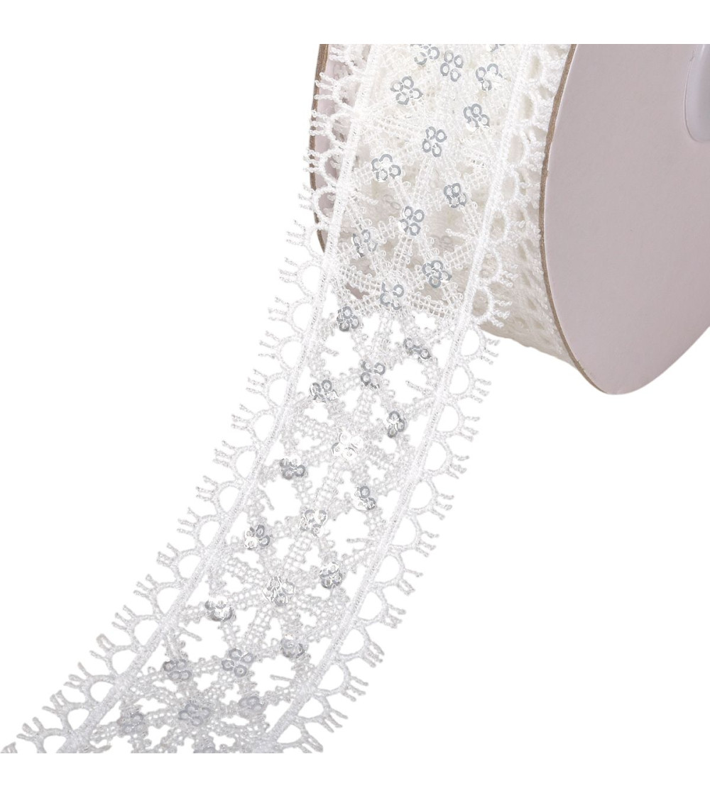 Bobina 13,7m de trenza bordada con lentejuelas 40mm blanco