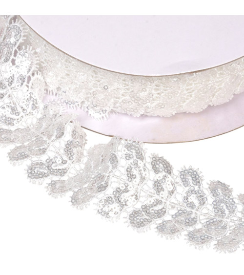 Bobina 13,7m de trenza bordada con lentejuelas 40mm blanco
