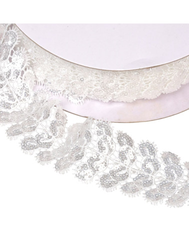 Bobina 13,7m de trenza bordada con lentejuelas 40mm blanco
