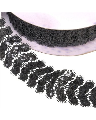 Bobine 13,7m galon brodé paillettes 40mm noir