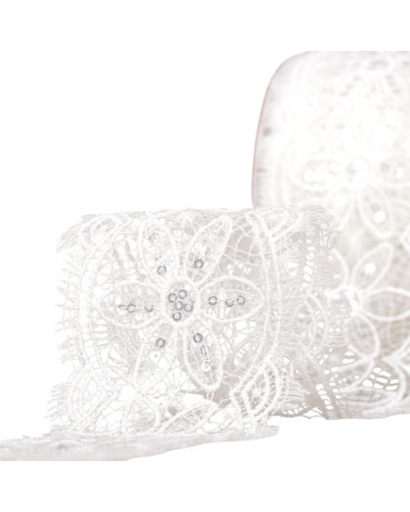Bobina 13,7m guipur lentejuelas 60mm blanco