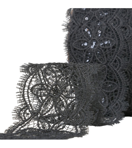 Spule 13,7 m, Pailletten-Guipure, 60 mm, Schwarz