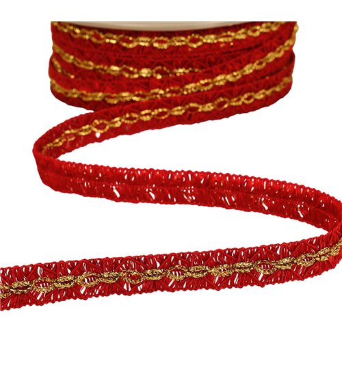 Bobine 25m galon losanges avec surpiqûres or 18mm rouge