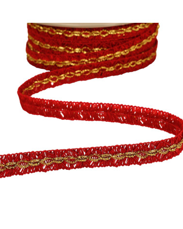 Bobina de 25m trenza de diamantes con costura dorada 18mm rojo