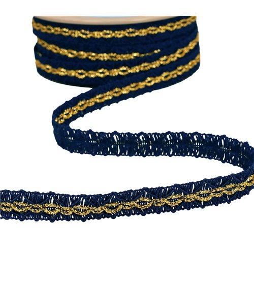 Bobine 25m galon losanges avec surpiqûres or 18mm bleu marine