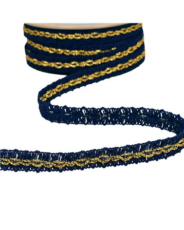 Bobine 25m galon losanges avec surpiqûres or 18mm bleu marine