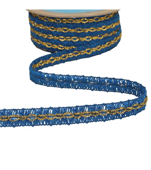 Bobine 25m galon losanges avec surpiqûres or 18mm bleu roi
