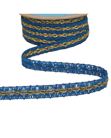 Bobina de 25m de trenza de diamantes con costura dorada 18mm azul real