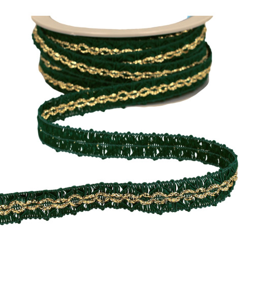 Bobina da 25 m di treccia di diamanti con cuciture dorate da 18 mm verde bottiglia