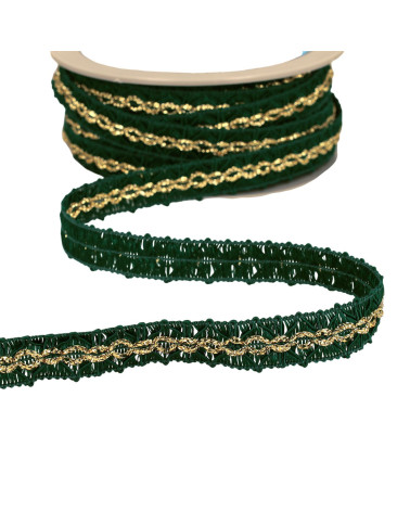 Bobina de 25m de trenza de diamantes con costuras doradas 18mm verde botella