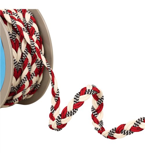 Bobine 15m tresse 6 cordons 12mm écru rouge