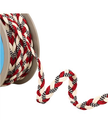 Bobine 15m tresse 6 cordons 12mm écru rouge